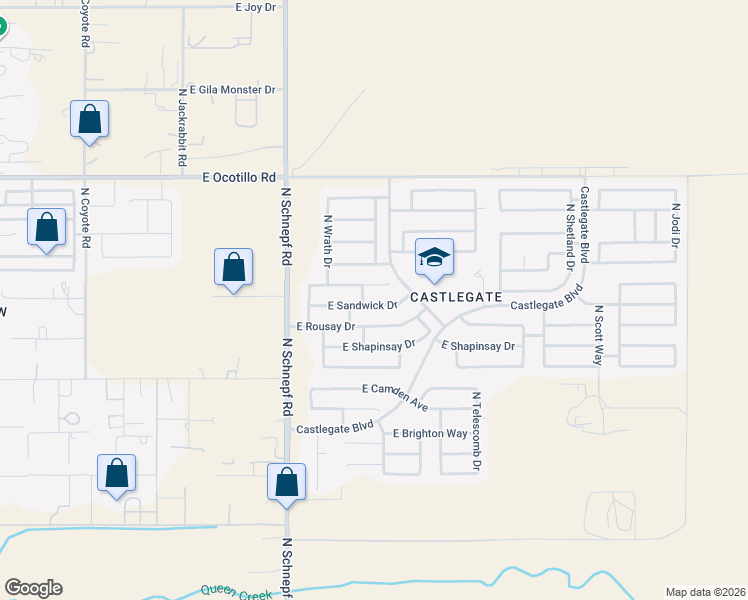map of restaurants, bars, coffee shops, grocery stores, and more near 3754 East Sandwick Drive in Queen Creek