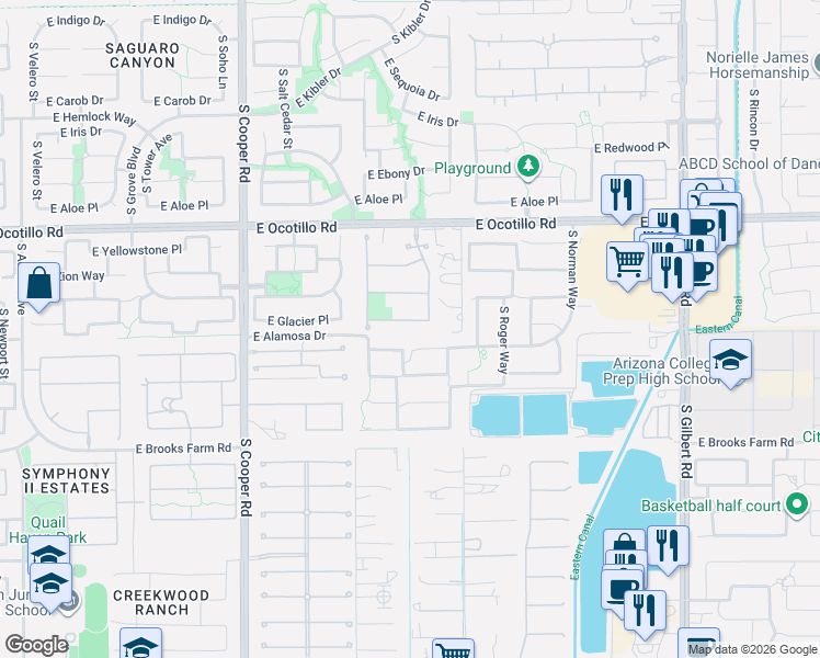 map of restaurants, bars, coffee shops, grocery stores, and more near 2428 East Kaibab Place in Chandler