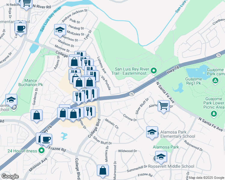 map of restaurants, bars, coffee shops, grocery stores, and more near 5166 Via Portola in Oceanside
