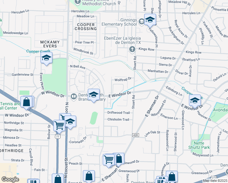 map of restaurants, bars, coffee shops, grocery stores, and more near 1 Olympia Drive in Denton