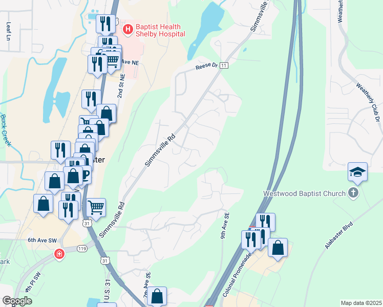map of restaurants, bars, coffee shops, grocery stores, and more near 160 Cohill Drive in Alabaster