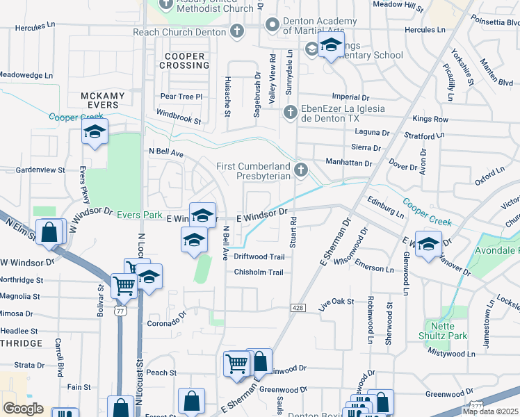 map of restaurants, bars, coffee shops, grocery stores, and more near 521 East Windsor Drive in Denton