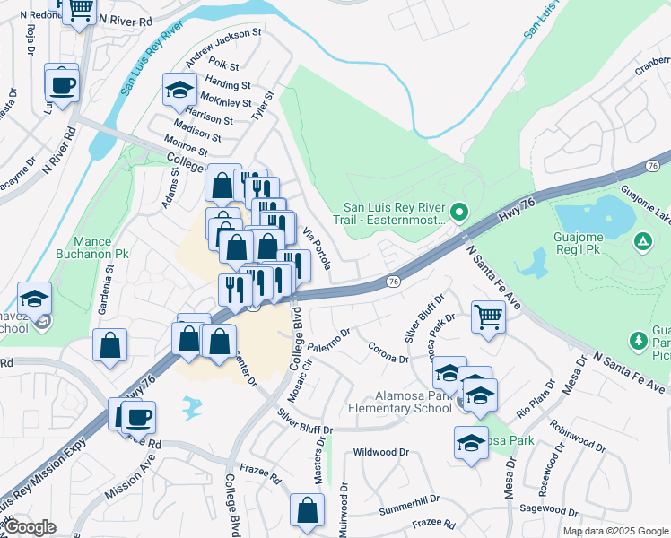 map of restaurants, bars, coffee shops, grocery stores, and more near 5166 Via Portola in Oceanside