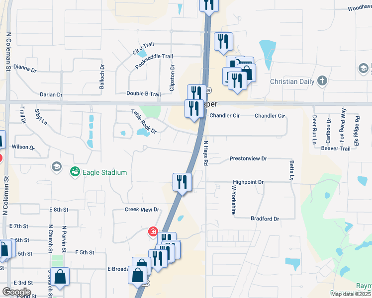 map of restaurants, bars, coffee shops, grocery stores, and more near 720 Huron Court in Prosper