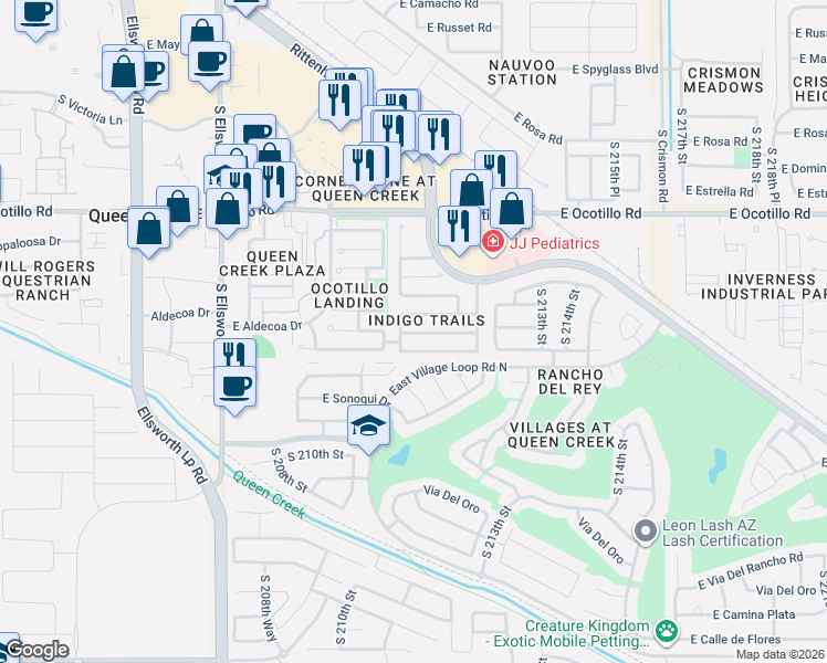 map of restaurants, bars, coffee shops, grocery stores, and more near 21117 East Stonecrest Drive in Queen Creek