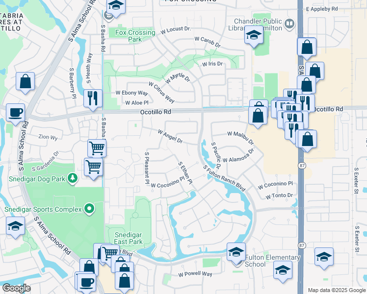 map of restaurants, bars, coffee shops, grocery stores, and more near 4173 South Ethan Place in Chandler
