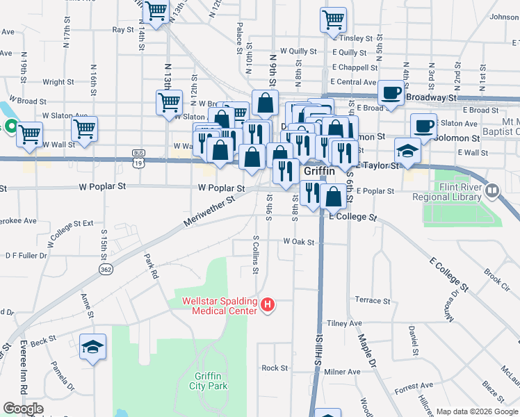 map of restaurants, bars, coffee shops, grocery stores, and more near 327 South 9th Street in Griffin
