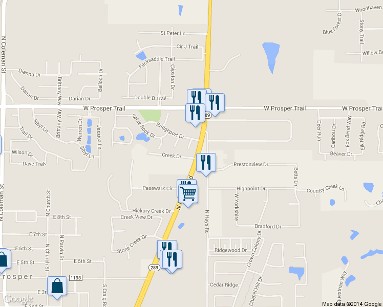 map of restaurants, bars, coffee shops, grocery stores, and more near 720 Huron Court in Prosper