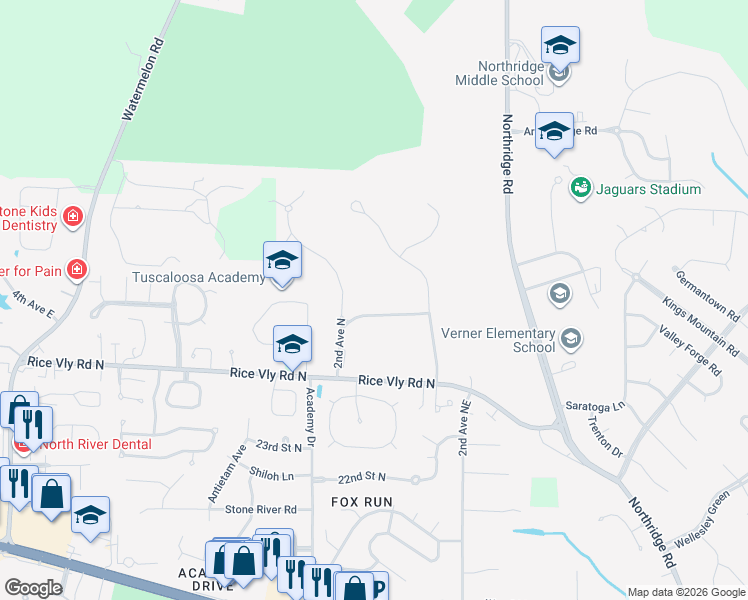 map of restaurants, bars, coffee shops, grocery stores, and more near 22-26 29th Street North in Tuscaloosa