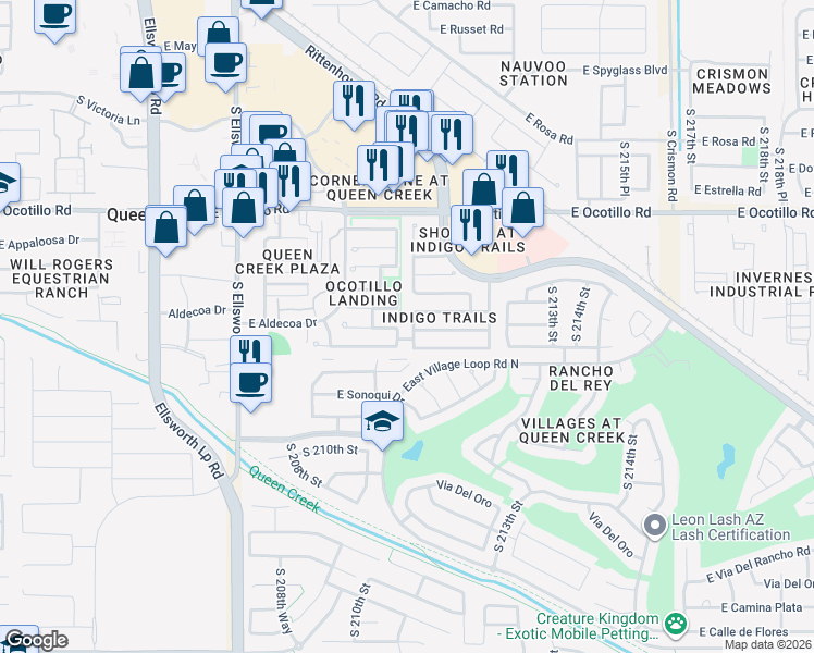 map of restaurants, bars, coffee shops, grocery stores, and more near 22356 South 211th Street in Queen Creek