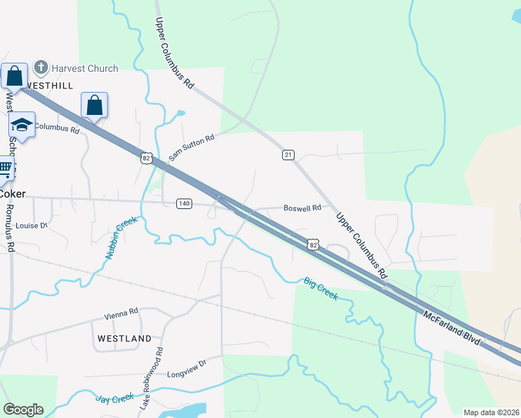 map of restaurants, bars, coffee shops, grocery stores, and more near 1414 Boswell Road in Coker