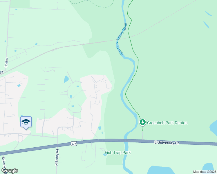 map of restaurants, bars, coffee shops, grocery stores, and more near 2396 Riverside Drive in Denton