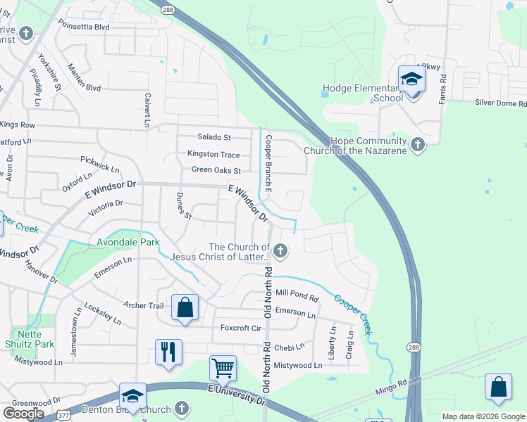 map of restaurants, bars, coffee shops, grocery stores, and more near 3204 Windy Hill Street in Denton