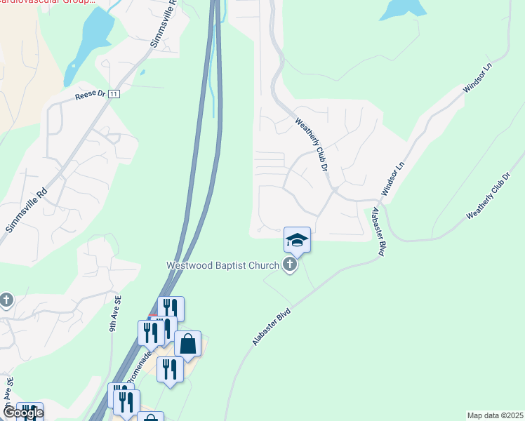 map of restaurants, bars, coffee shops, grocery stores, and more near 623 Treymoor Lake Circle in Alabaster