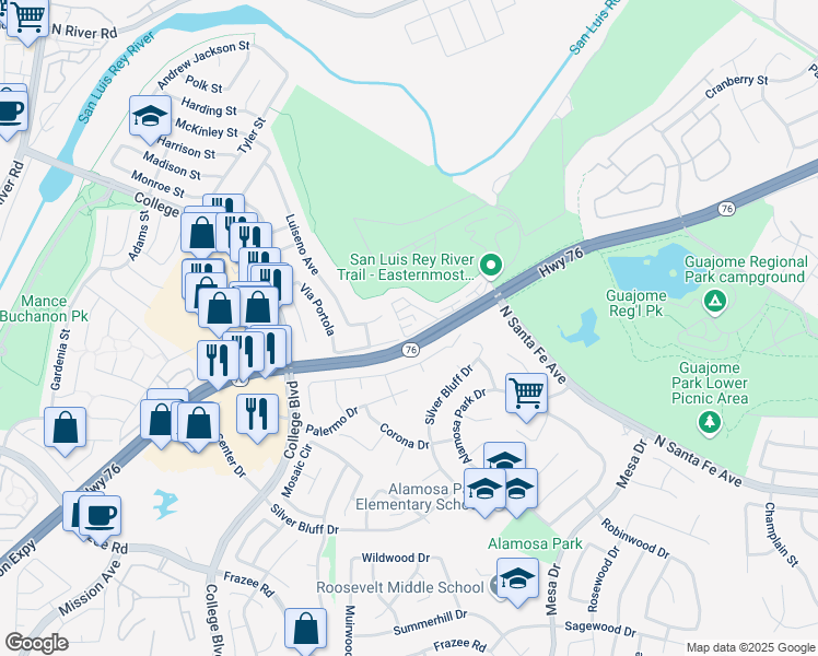 map of restaurants, bars, coffee shops, grocery stores, and more near 5005 Golondrina Way in Oceanside