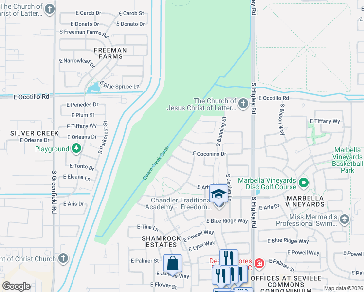 map of restaurants, bars, coffee shops, grocery stores, and more near 2878 East Tonto Drive in Gilbert