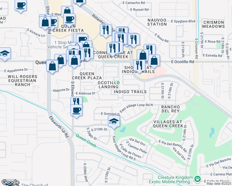 map of restaurants, bars, coffee shops, grocery stores, and more near 21082 East Aldecoa Drive in Queen Creek