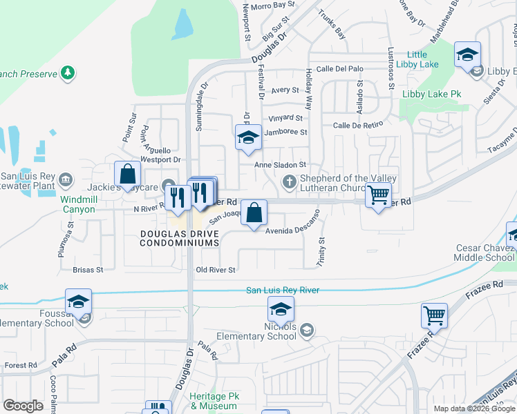 map of restaurants, bars, coffee shops, grocery stores, and more near 4459 San Joaquin Street in Oceanside
