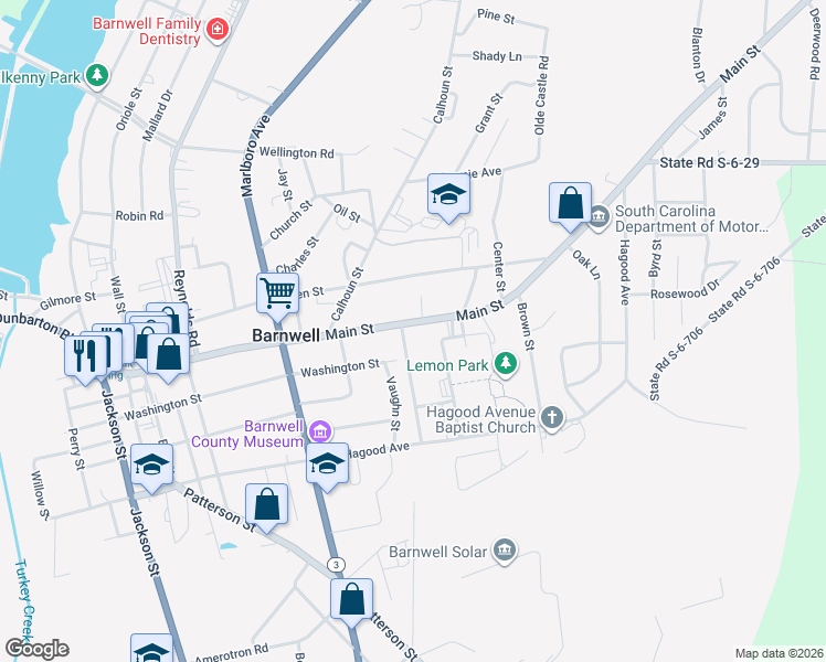 map of restaurants, bars, coffee shops, grocery stores, and more near 47 Carolina Pines Court in Barnwell