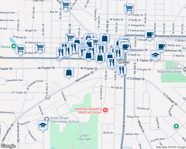 map of restaurants, bars, coffee shops, grocery stores, and more near 425 West College Street in Griffin
