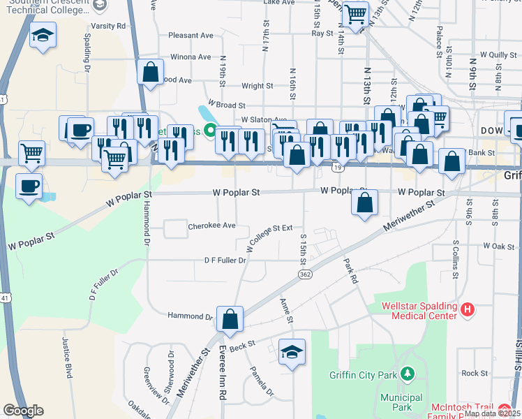 map of restaurants, bars, coffee shops, grocery stores, and more near 1131 Cherokee Avenue in Griffin