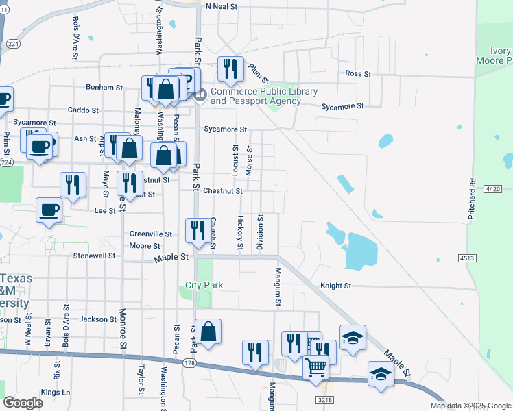 map of restaurants, bars, coffee shops, grocery stores, and more near 1917 Beach Street in Commerce