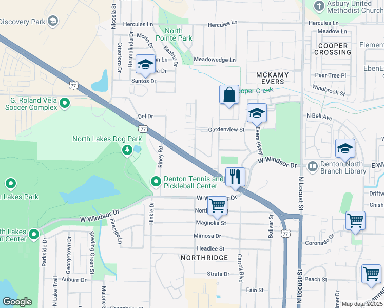 map of restaurants, bars, coffee shops, grocery stores, and more near 3311 North Elm Street in Denton