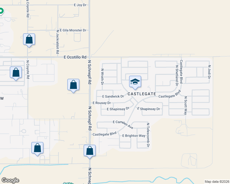 map of restaurants, bars, coffee shops, grocery stores, and more near 3754 East Sandwick Drive in Queen Creek