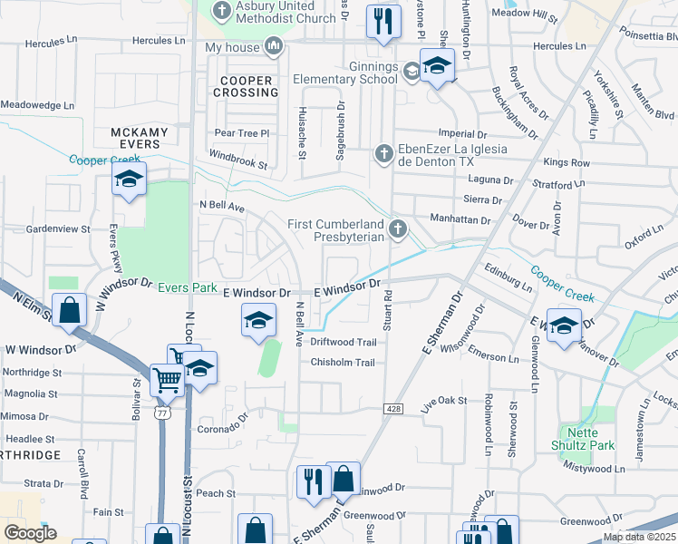 map of restaurants, bars, coffee shops, grocery stores, and more near 1 Olympia Drive in Denton