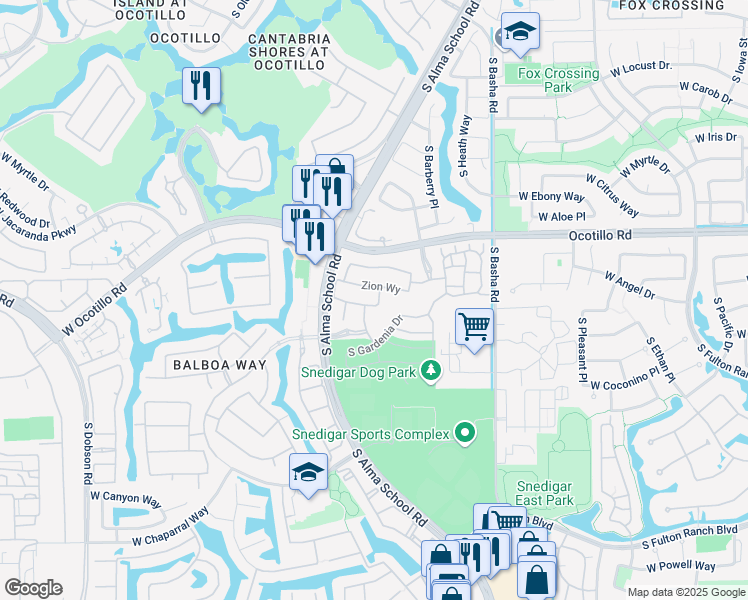 map of restaurants, bars, coffee shops, grocery stores, and more near 948 West Angel Drive in Chandler