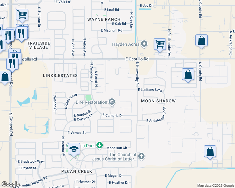 map of restaurants, bars, coffee shops, grocery stores, and more near 40193 North Manetti Street in Queen Creek