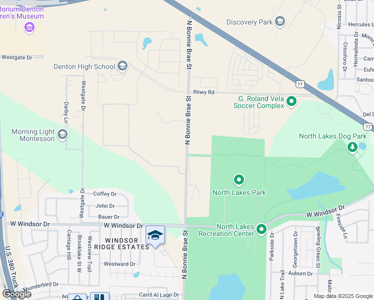 map of restaurants, bars, coffee shops, grocery stores, and more near North Bonnie Brae Street in Denton