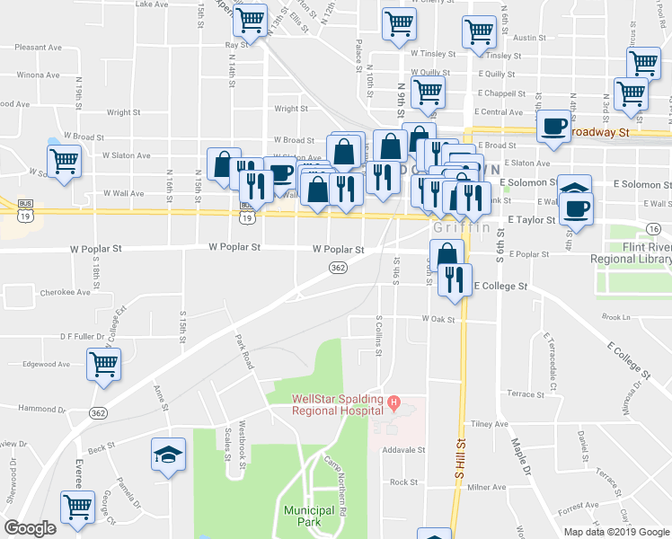 map of restaurants, bars, coffee shops, grocery stores, and more near 423 Meriwether Street in Griffin