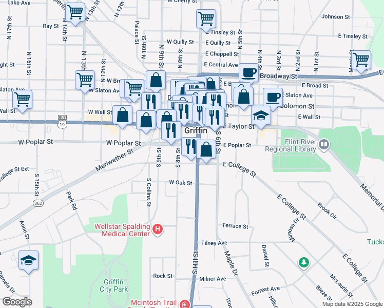 map of restaurants, bars, coffee shops, grocery stores, and more near 329 South Hill Street in Griffin