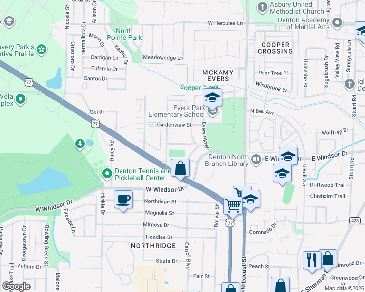 map of restaurants, bars, coffee shops, grocery stores, and more near 292 Casie Court in Denton