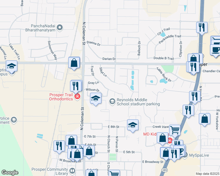 map of restaurants, bars, coffee shops, grocery stores, and more near 700 Trail Drive in Prosper