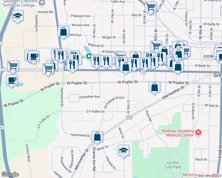 map of restaurants, bars, coffee shops, grocery stores, and more near 1131 Cherokee Avenue in Griffin