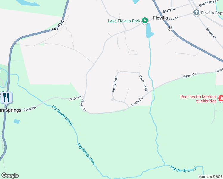 map of restaurants, bars, coffee shops, grocery stores, and more near 122 Beaty Trail in Flovilla