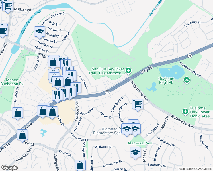 map of restaurants, bars, coffee shops, grocery stores, and more near 5005 Golondrina Way in Oceanside