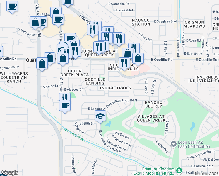 map of restaurants, bars, coffee shops, grocery stores, and more near 21111 East Tierra Grande Drive in Queen Creek