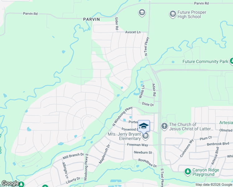 map of restaurants, bars, coffee shops, grocery stores, and more near Unnamed Road in Prosper