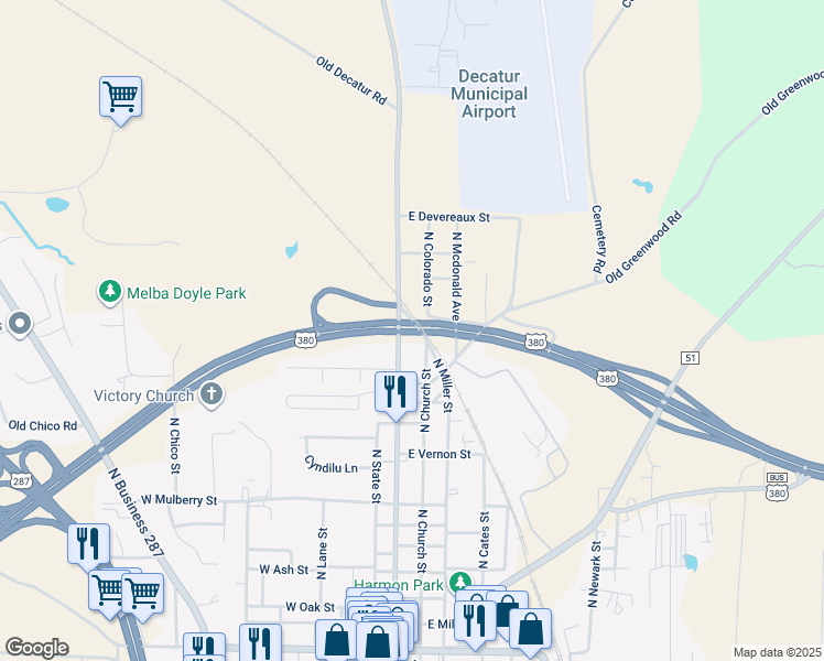 map of restaurants, bars, coffee shops, grocery stores, and more near U.S. 380 in Decatur