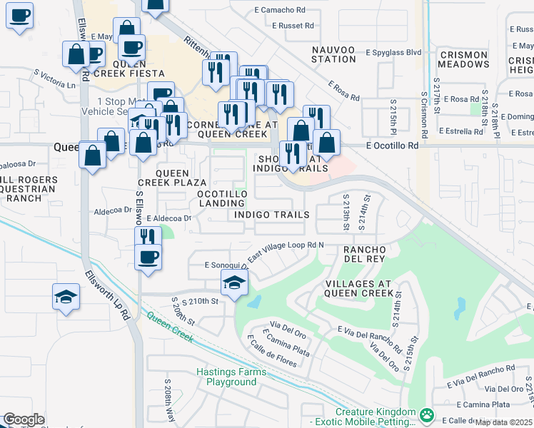 map of restaurants, bars, coffee shops, grocery stores, and more near 21127 East Tierra Grande Drive in Queen Creek