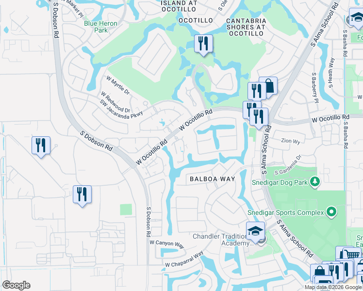 map of restaurants, bars, coffee shops, grocery stores, and more near 1777 West Ocotillo Road in Chandler