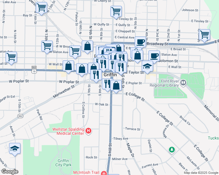 map of restaurants, bars, coffee shops, grocery stores, and more near 329 South Hill Street in Griffin