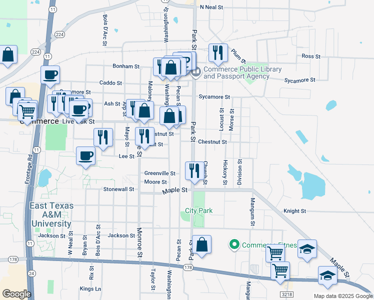 map of restaurants, bars, coffee shops, grocery stores, and more near 1901 Pecan Street in Commerce