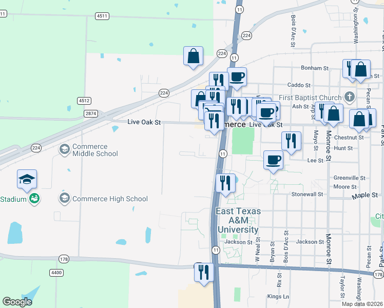 map of restaurants, bars, coffee shops, grocery stores, and more near 200 Methodist Drive in Commerce