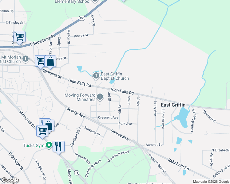 map of restaurants, bars, coffee shops, grocery stores, and more near 84 Hillcrest Avenue in Griffin