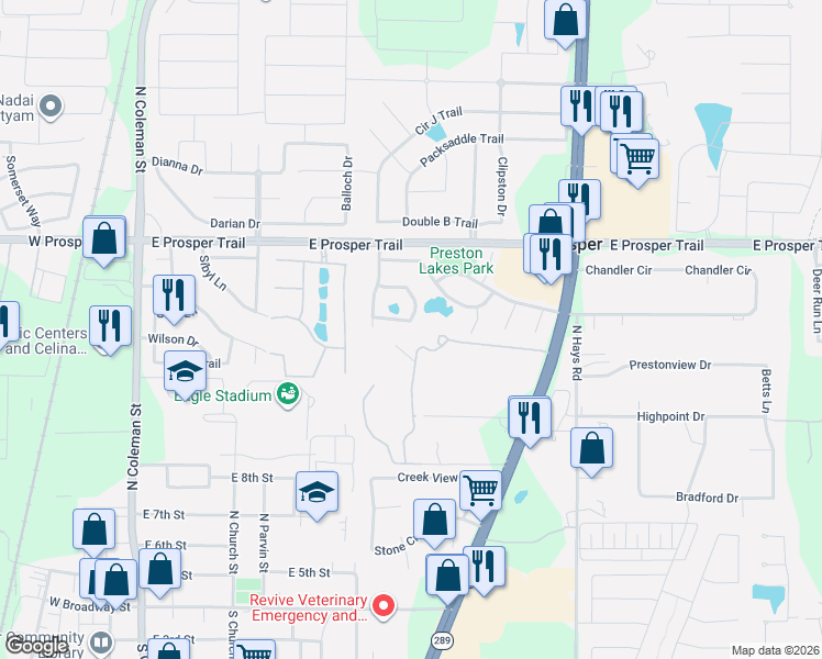 map of restaurants, bars, coffee shops, grocery stores, and more near 640 Toledo Bend Drive in Prosper