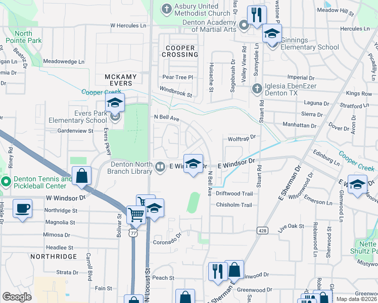 map of restaurants, bars, coffee shops, grocery stores, and more near 3101 Cedar Hill Street in Denton